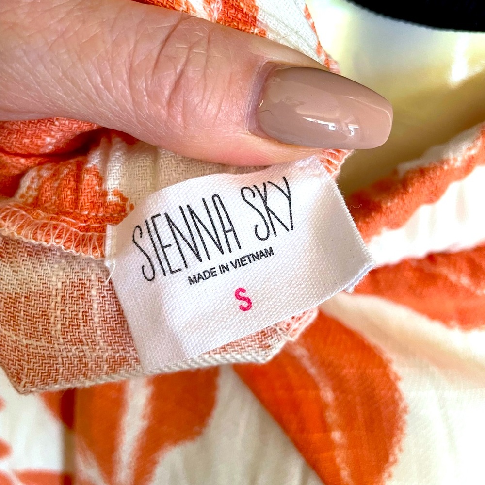 Orange and White Leaf Print Women's Linen Blend Pants - Picture 5 of 9